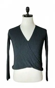 Hollister Black Ribbed Knit Wrap V Neck Long Sleeve Crop Sweater XS