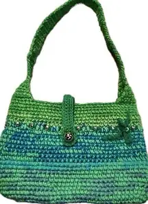 Handmade Crocheted Purse in multi-green with blue yarn and display's Silver beads