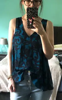 Eight Sixty Teal Blue Black Abstract Print V Neck Sleeveless Tank‎ Top Women's M