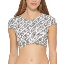 NWT DKNY Womens Cropped Logo-Print Bikini Top in Neon Logo Soft White Sz XL