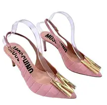 Moschino  Couture Croc Embossed Leather M Slingback Pointed Heels Pink Gold 38.5