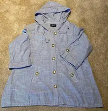 Jones New York Linen Cotton Blend Large Button Hooded Blue Wht Stripe Jacket 2X