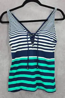 Liz Claiborne Blue Green White Stripe Padded Swimwear Tankini Top S Small‎