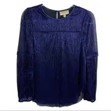 Moulinette Soeurs Anthro Blue Metallic Accordion Pleat Long Sleeve Top XS