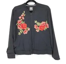 Vince Camuto Women's Sz S Black Basic Jacket Flower Embroidered Zipped Up Casual