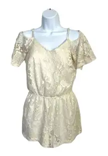 Rue21 Beige Lace Romper Size S Cold Shoulder Summer Beach Floral Casual