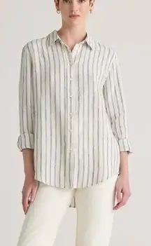 Quince European Linen Long Sleeve Shirt Oatmeal Black Stripe Button Down Size S