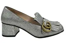 Gucci  GG Marmont Pumps Silver Foil Kiltie Logo Low Block Heel Size 36