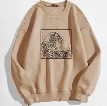 SHEIN Great Waves Khaki Graphic Printed Oversized Fleece Sweatshirt