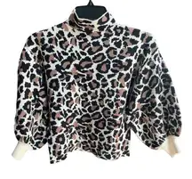 Line and Dot  Alder Leopard Print Cropped Mockneck Sweater White Brown Tan Small