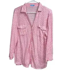 J.Mclaughlin Brynn Linen Shirt in Marche Geo Pink White Zigzag XL