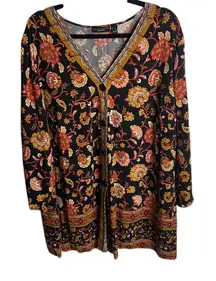Susan Graver Weekend Size 2X Button Front Tunic Blouse Floral Black Kimono Boho