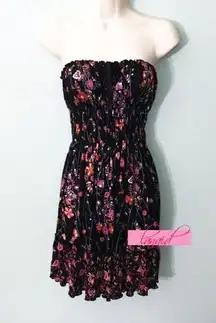 Strapless Black Pink Floral Paisley Tie Ruched Smocked Tube Mini Dress XS