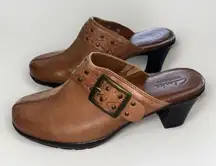 Clarks Bendables Mirabelle‎ Women 7.5M Mules Tan Brown Leather 2.5" Heel Clog