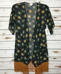 LuLaRoe Monroe Kimono Fringe Coverup Retro Print S