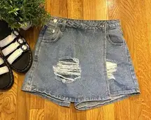 Y2K Grunge Blue Distressed Jean Denim Shorts Mini Skort Women’s Size XS