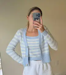 525 America Cropped Blue Checkered Sweater Tank + Cardigan Set