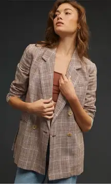 Maeve by Anthropologie Double-Breasted Plaid Blazer, Brown and White, Size 8