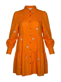 Orange Embroidered Floral Tiered Button Down Shirt Dress Preppy Size Small