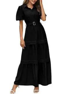 NEW Puff Short Sleeve Lapel Tiered A Line Flowy Dress Belted 2X