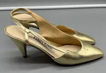 Evan Picone Vintage Gold Metallic Leather Slingback Heels Pointed Toe Shoes 6.5M
