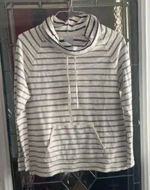 Sunday L Blue White Stripe Top Kangaroo Pocket Drawstring Coastal Nautical