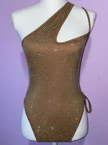 PrettyLittleThing Mocha Fishnet Diamante Asymmetric Lace Up Swimsuit S One Piece