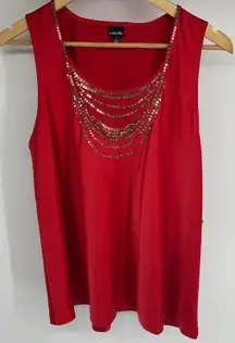 Rafaella Women Red Sleeveless Tank Top Sequins Necklace Detail Holiday Size L