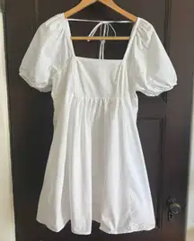 DRAPER JAMES | White Cotton Square Neck Puff Sleeve Mini Babydoll Dress | Small