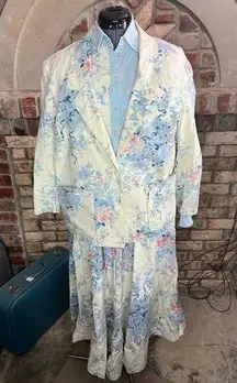 suit skirt blazer button front top swing skirt floral blue pink white