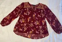 Derek Heart Shirt Womens Medium Burgundy Floral Seni Sheerl Boho Blouse (ff)