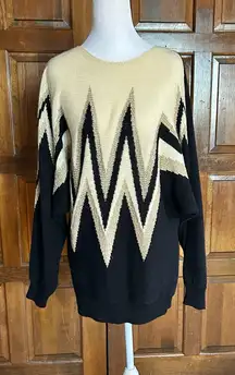 Cezanne Vintage 80’s Sweater Black Gold Geometric Pattern Pullover Size Large