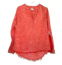 Caslon lightweight spring summer cotton raw hem henley popover coral top Medium