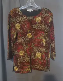 Notations Brown Floral Blouse, Women's Small, Vintage 3/4 Sleeve, Sparkling Gold