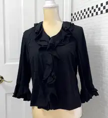 Neiman Marcus 💯 silk black ruffle blouse. Placket button front. Size 6.