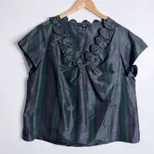 Talbots Tartan Plaid Silk Blouse Short Sleeves Ruffle Neckline Green Black 18W‎