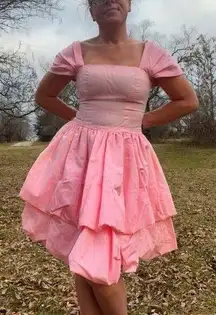 80s Pink Taffeta Ruffle Bubble Hem Bow Back Barbie Princess Tea Party Prom Dress