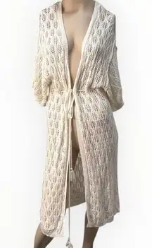 POL Crochet Ivory Beach Cover Up Kimono Cardigan Tassel Tie Waist Size S NWOT