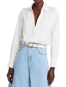 AQUA Women's White Collared Long‎ Sleeve Top Blouse Career Professional