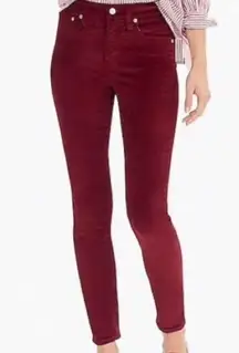 J. Crew 9” High Rise Toothpick Velvet Jeans in Crimson Maple Size 28