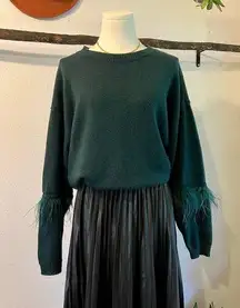 Cotton Jewel Emerald Green Soft Knit Ostrich Feather Sleeve Trim Sweater Size M