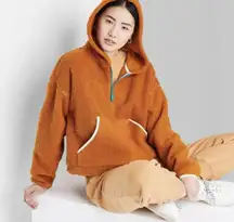 - Women's Half-Zip Hooded Sherpa Anorak Jacket - Rust Color - Size XS