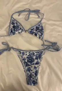 Blue and white bikini with shell charm