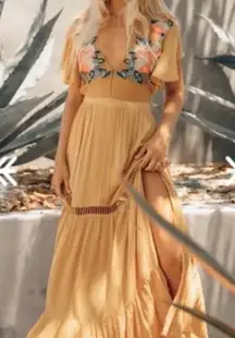 Anthropologie Cleobella Amery Maxi Dress Embroidered Shear Slit - Mustard XS