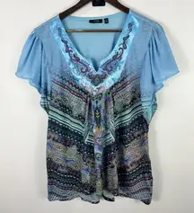 APT 9 Top Plus‎ 2X Blue Paisley Boho Festival Mixed Print Statement Fairy Y2K