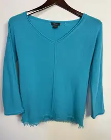 Pure Amici Cashmere Sweater Turquoise Fringe Hem Vneck‎ S