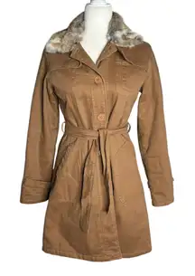 Belted Trench Coat Removable Rabbit Fur Collar Small Tan Pockets Lined Buttons