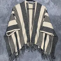 Hot & Delicious Women’s Kimono Cardigan Black White Striped Fringe Open Front Sw