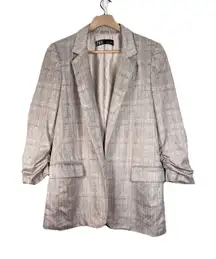 Zara Blazer Women's M Plaid Gray Faux Suede Ruched Sleeve Long Line Open Front‎