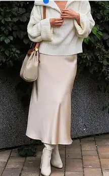 NWT Emprada Women's Long Satin Skirt Elastic Waist Champagne Silk A-Line Skirt L